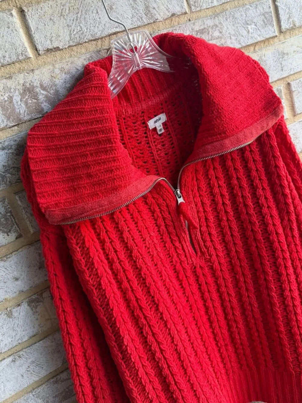 AERIE Long Sleeve 1/4 Zip Open Knit Oversized Soft Red Sweater Size L. - Picture 7 of 8